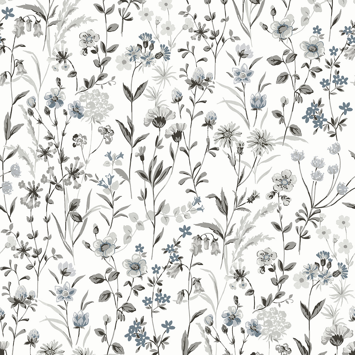 Wildflowers charcoal and bluestone floral peel and stick wallpaper pattern.