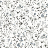 Wildflowers charcoal and bluestone floral peel and stick wallpaper pattern.