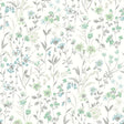 Wildflowers peel and stick wallpaper with delicate botanical stems and blossoms in soft blue and spring green on an off-white ground