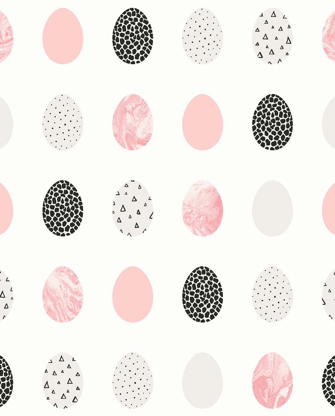 Mod Eggs peel and stick wallpaper pattern with pink, black, and white egg-shaped geometric motifs on a light background.