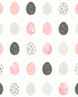 Mod Eggs peel and stick wallpaper pattern with pink, black, and white egg-shaped geometric motifs on a light background.