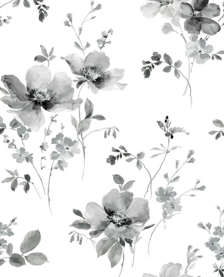 Grey watercolor windflower floral peel and stick wallpaper pattern