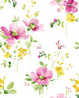 Watercolor Windflower peel and stick wallpaper pattern with pink windflowers, yellow blossoms, and green foliage on white