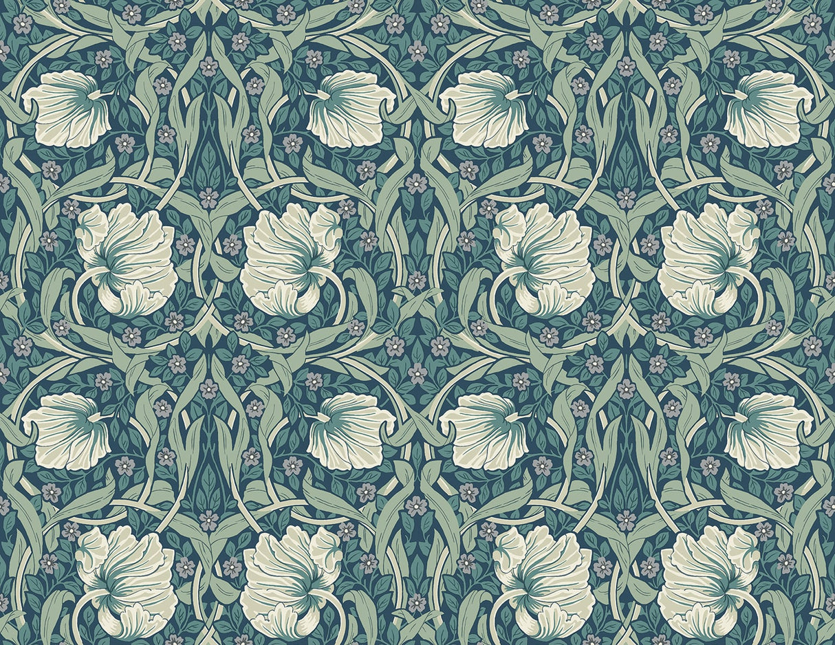 Pimpernel Floral peel and stick vinyl wallpaper in teal and sandstone