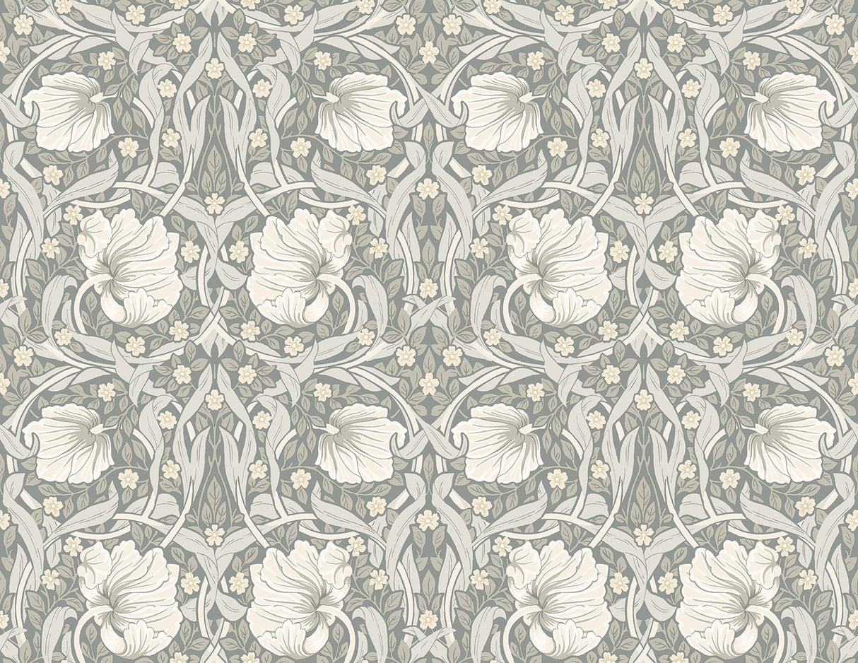Alloy grey and alabaster vintage floral vine peel and stick wallpaper pattern