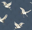 Denim blue art deco fan pattern with flying white cranes peel and stick wallpaper