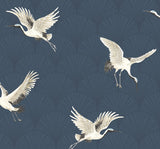 Denim blue art deco fan pattern with flying white cranes peel and stick wallpaper