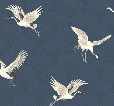 Denim blue art deco fan pattern with flying white cranes peel and stick wallpaper