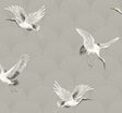 Cranes peel and stick wallpaper in Argos Grey with flying white cranes over a grey Art Deco fan pattern.