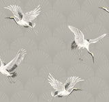 Cranes peel and stick wallpaper in Argos Grey with flying white cranes over a grey Art Deco fan pattern.