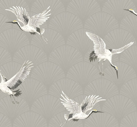 Cranes peel and stick wallpaper in Argos Grey with flying white cranes over a grey Art Deco fan pattern.