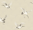 Beige Art Deco fan motif with flying white cranes peel and stick wallpaper.