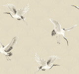 Beige Art Deco fan motif with flying white cranes peel and stick wallpaper.