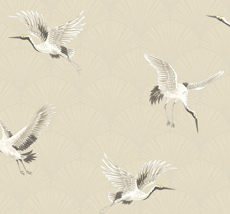 Beige Art Deco fan motif with flying white cranes peel and stick wallpaper.