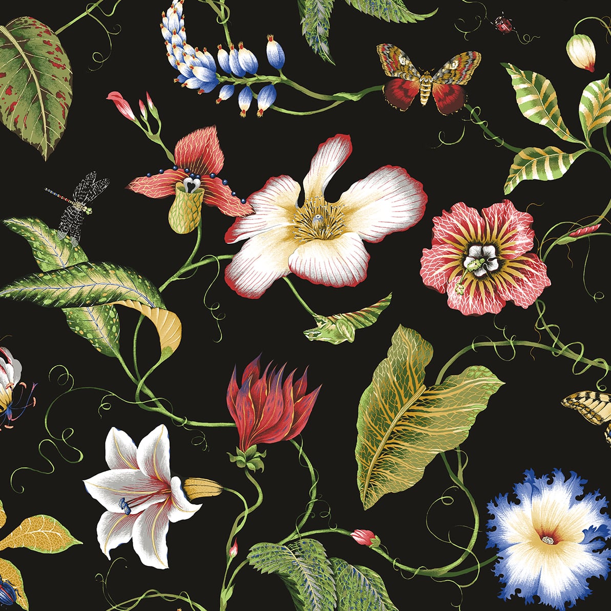 Summer Garden Floral peel and stick wallpaper in Jet Black by NextWall