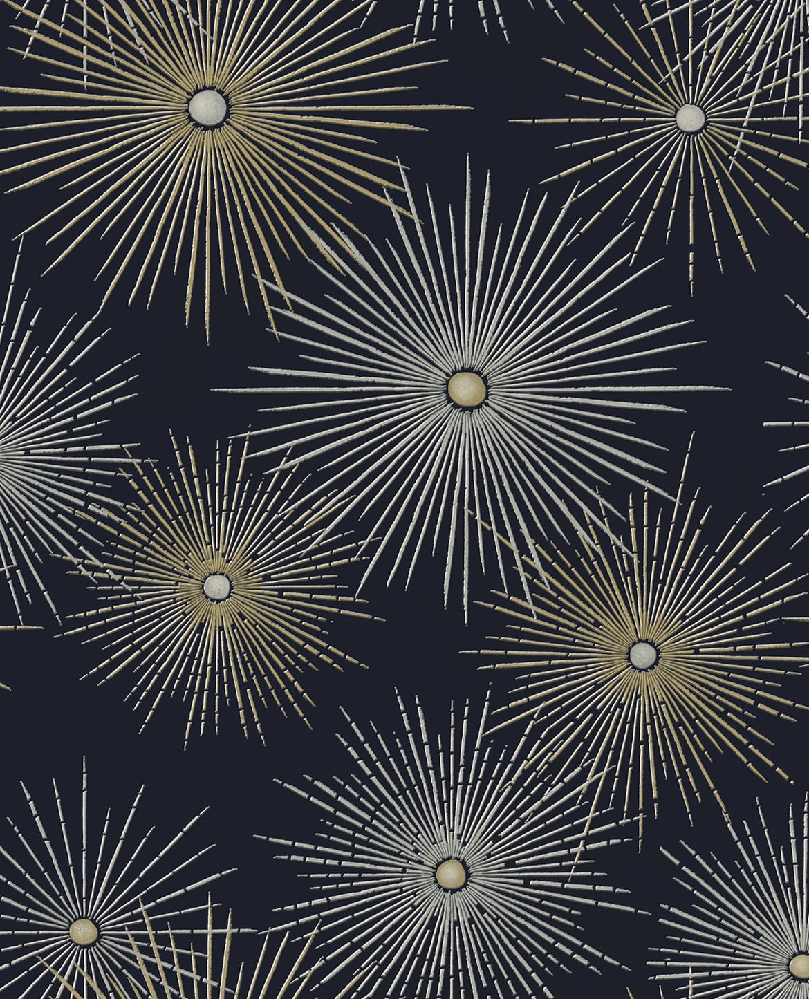 Midnight navy peel and stick wallpaper with metallic gold and silver starburst geometric motifs (Starburst Geo, NW43102).