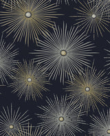 Midnight navy peel and stick wallpaper with metallic gold and silver starburst geometric motifs (Starburst Geo, NW43102).