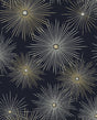 Midnight navy peel and stick wallpaper with metallic gold and silver starburst geometric motifs (Starburst Geo, NW43102).