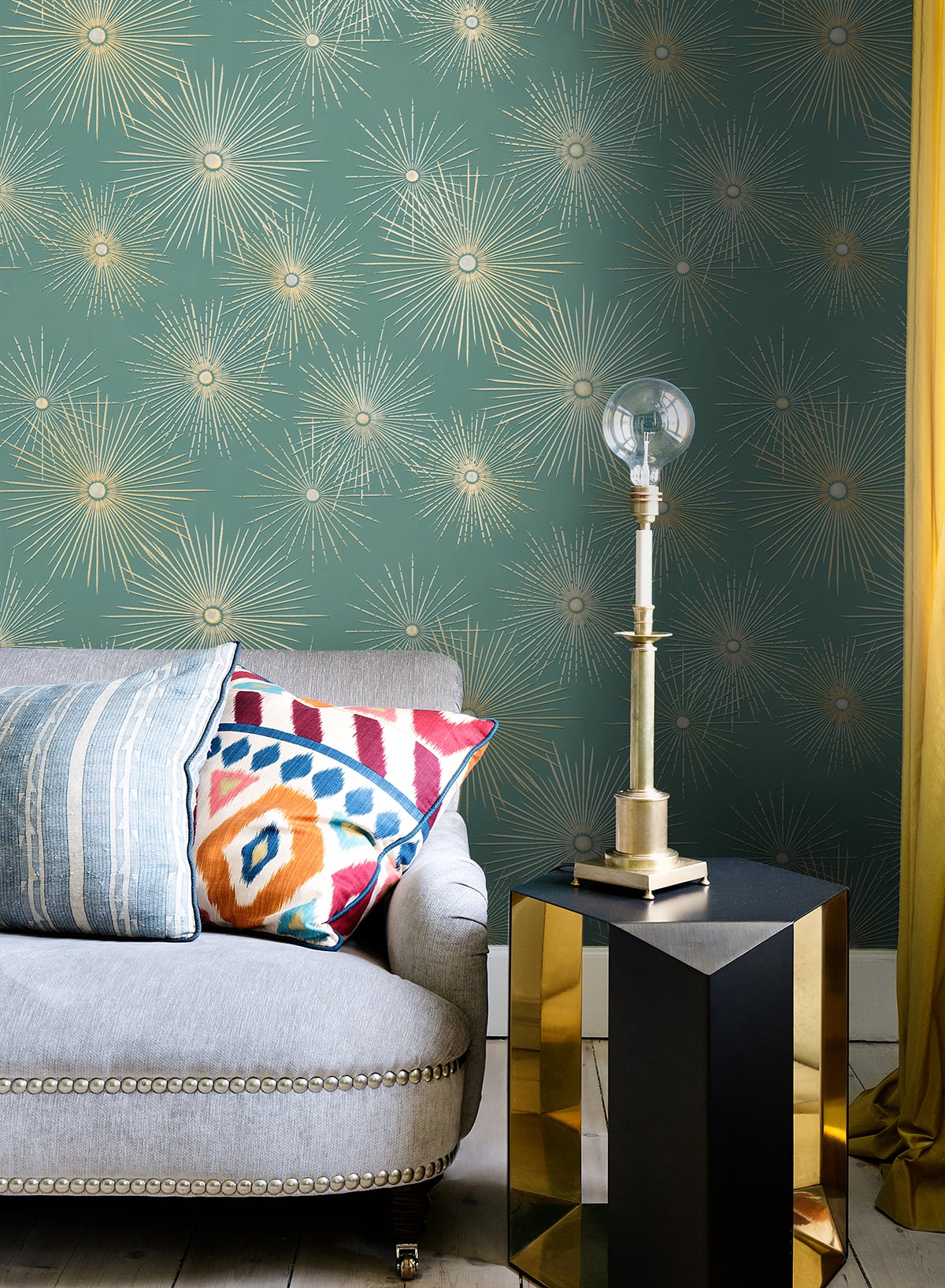 Starburst Geo Teal & Metallic Gold by NextWall Peel & Stick Geometric Peel & Stick Wallpaper – NextWall NW43104-Sample