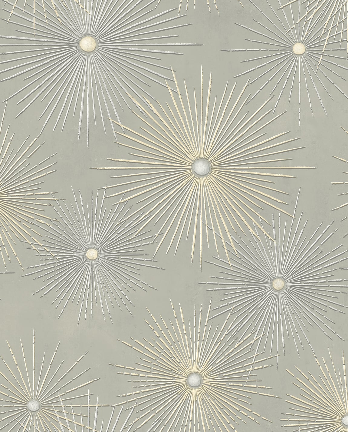 Starburst Geo peel and stick wallpaper in silversmoke grey with metallic gold starburst geometric pattern