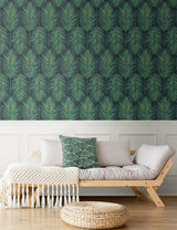 Tropic Palm Midnight Blue & Sea Green by NextWall Peel & Stick Tropical Palm Frond Wallpaper – NextWall NW43204