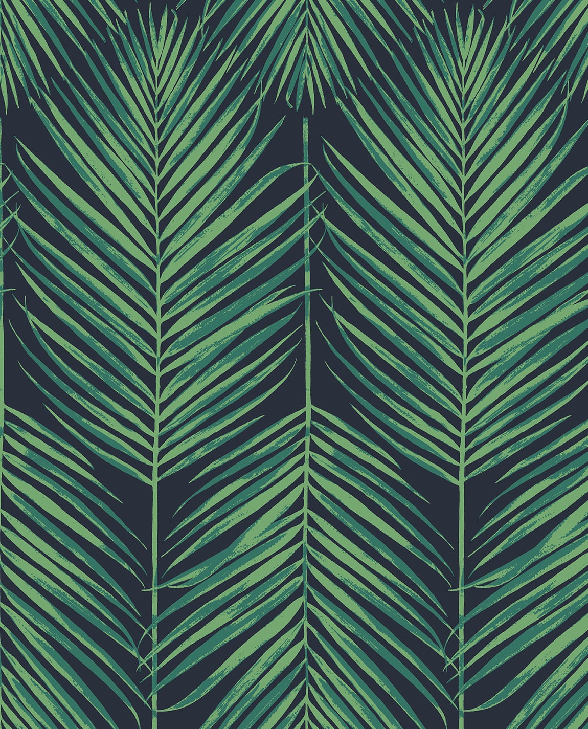 Tropic Palm peel and stick wallpaper in midnight blue with sea green palm fronds
