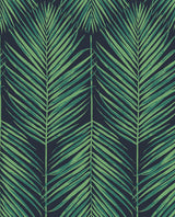 Tropic Palm peel and stick wallpaper in midnight blue with sea green palm fronds