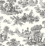 Black and off-white chateau toile scenic peel and stick wallpaper with pastoral figures and landscapes