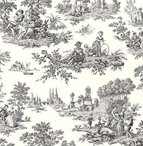 Black and off-white chateau toile scenic peel and stick wallpaper with pastoral figures and landscapes
