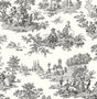 Black and off-white chateau toile scenic peel and stick wallpaper with pastoral figures and landscapes