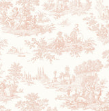 Blush pink traditional toile peel and stick wallpaper pattern with pastoral scenes