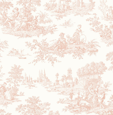 Blush pink traditional toile peel and stick wallpaper pattern with pastoral scenes