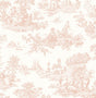 Blush pink traditional toile peel and stick wallpaper pattern with pastoral scenes