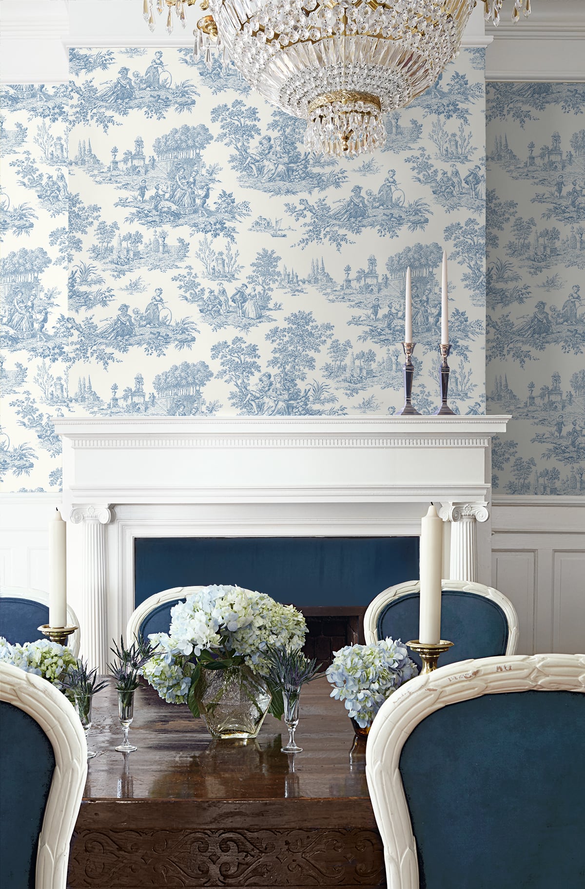 Chateau Toile Blue Bell by NextWall Peel & Stick Traditional Toile Wallpaper – NextWall NW43302
