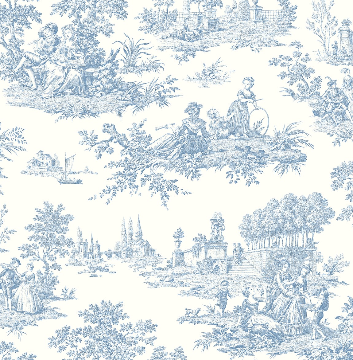 Chateau Toile peel and stick wallpaper in Blue Bell with classic scenic toile vignettes