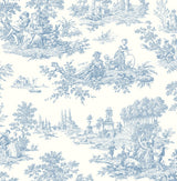 Chateau Toile peel and stick wallpaper in Blue Bell with classic scenic toile vignettes