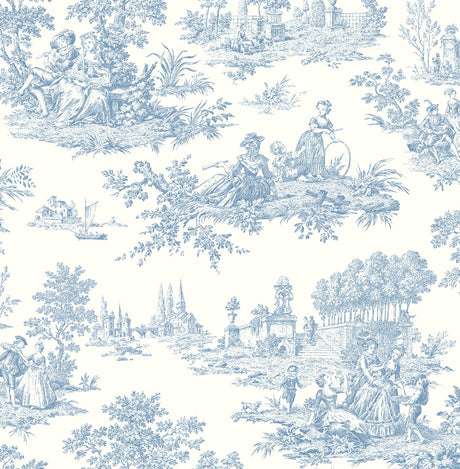 Chateau Toile peel and stick wallpaper in Blue Bell with classic scenic toile vignettes