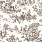 Chateau Toile wallpaper in Sable Brown featuring a classic pastoral toile scene