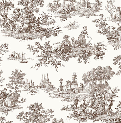 Chateau Toile wallpaper in Sable Brown featuring a classic pastoral toile scene
