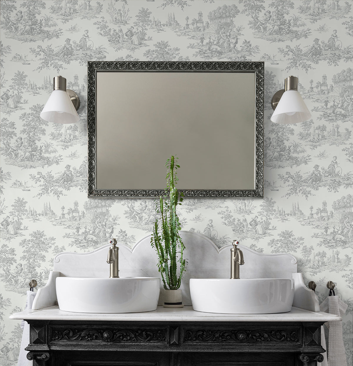 Chateau Toile Argos Grey by NextWall Peel & Stick Traditional Toile Wallpaper – NextWall NW43308