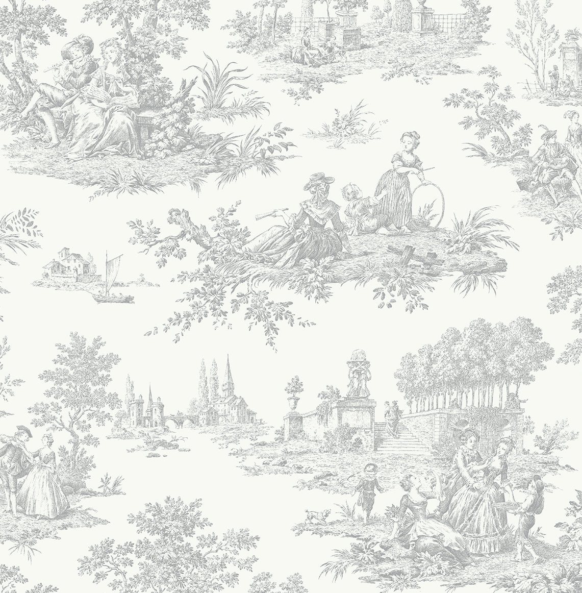 Chateau Toile Argos Grey peel and stick wallpaper with classic toile scenic figures and landscape motifs