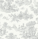 Chateau Toile Argos Grey peel and stick wallpaper with classic toile scenic figures and landscape motifs