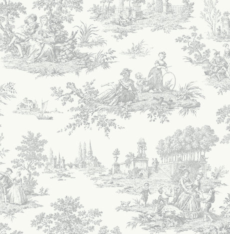 Chateau Toile Argos Grey peel and stick wallpaper with classic toile scenic figures and landscape motifs