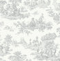 Chateau Toile Argos Grey peel and stick wallpaper with classic toile scenic figures and landscape motifs