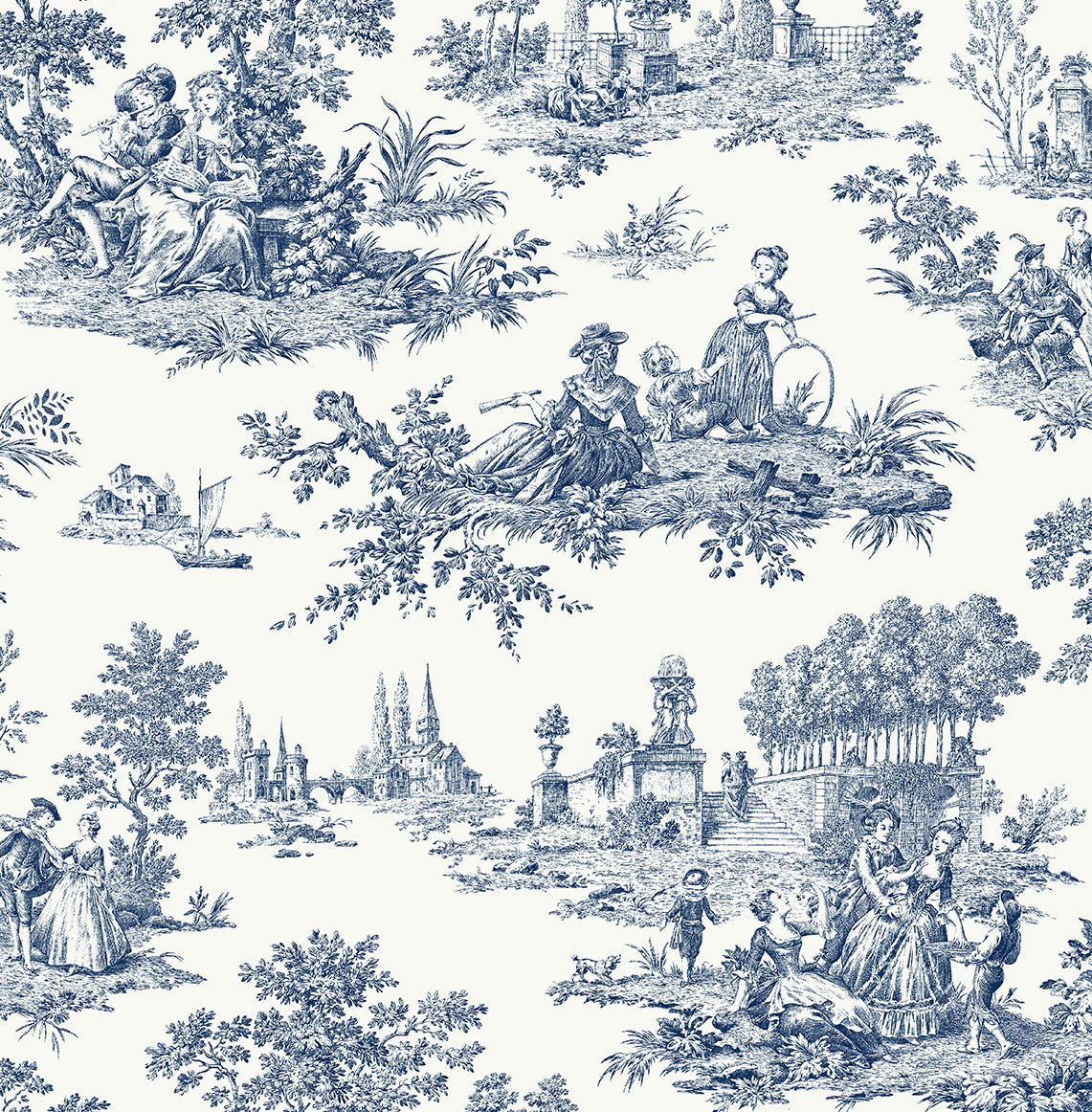 Chateau Toile peel and stick wallpaper in navy blue toile scene pattern