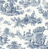 Chateau Toile peel and stick wallpaper in navy blue toile scene pattern