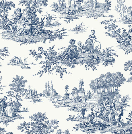 Chateau Toile peel and stick wallpaper in navy blue toile scene pattern