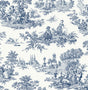Chateau Toile peel and stick wallpaper in navy blue toile scene pattern