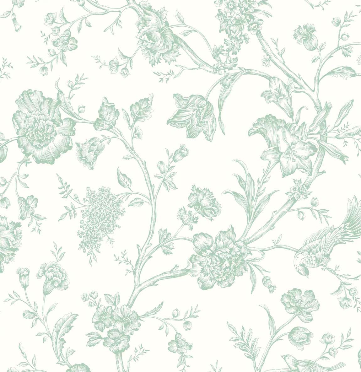 Seaglass green floral chinoiserie peel and stick wallpaper with birds on an off-white background