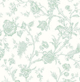 Seaglass green floral chinoiserie peel and stick wallpaper with birds on an off-white background
